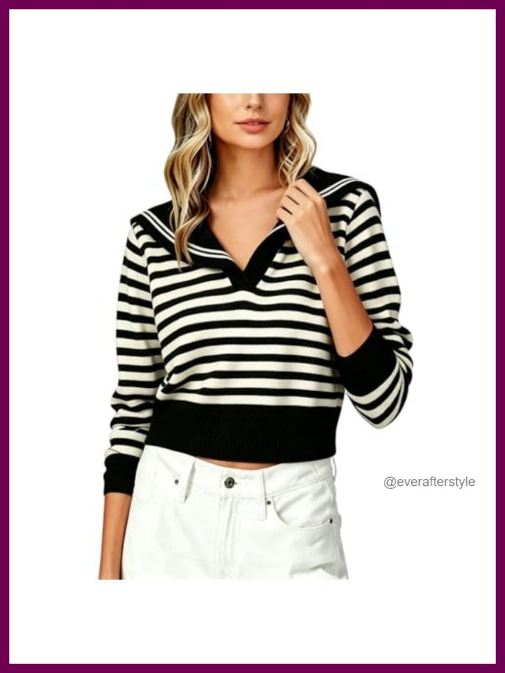 Women's Cropped Sailor Collar Striped Knit Sweater V-Neck Long Sleeve Pullover